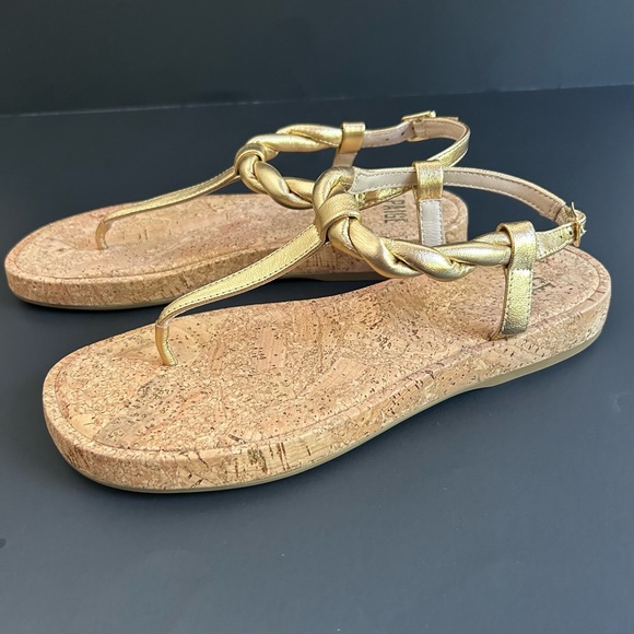 NWOT! Paige Dawn Metallic Leather
Cork Twisted Thong Sandals In Gold - Picture 1 of 8